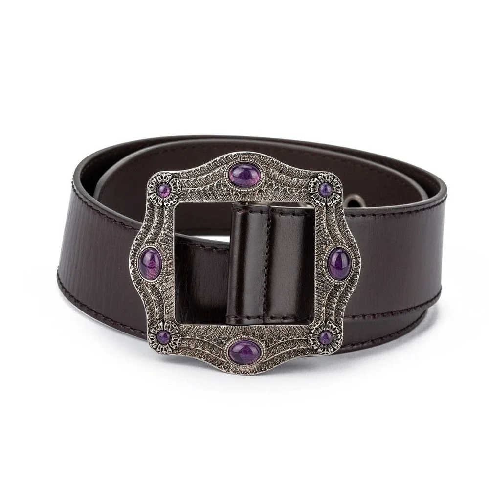 NWT‎ GUCCI Y2K Boho Womens Dark Brown Leather Belt Amethyst Buckle 95 38 $950